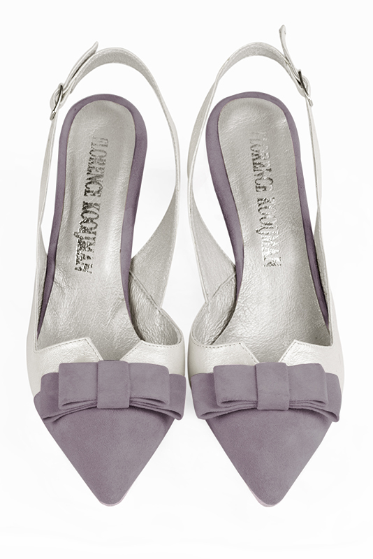 Lilac purple and pure white women's open back shoes, with a knot. Tapered toe. Medium comma heels. Top view - Florence KOOIJMAN